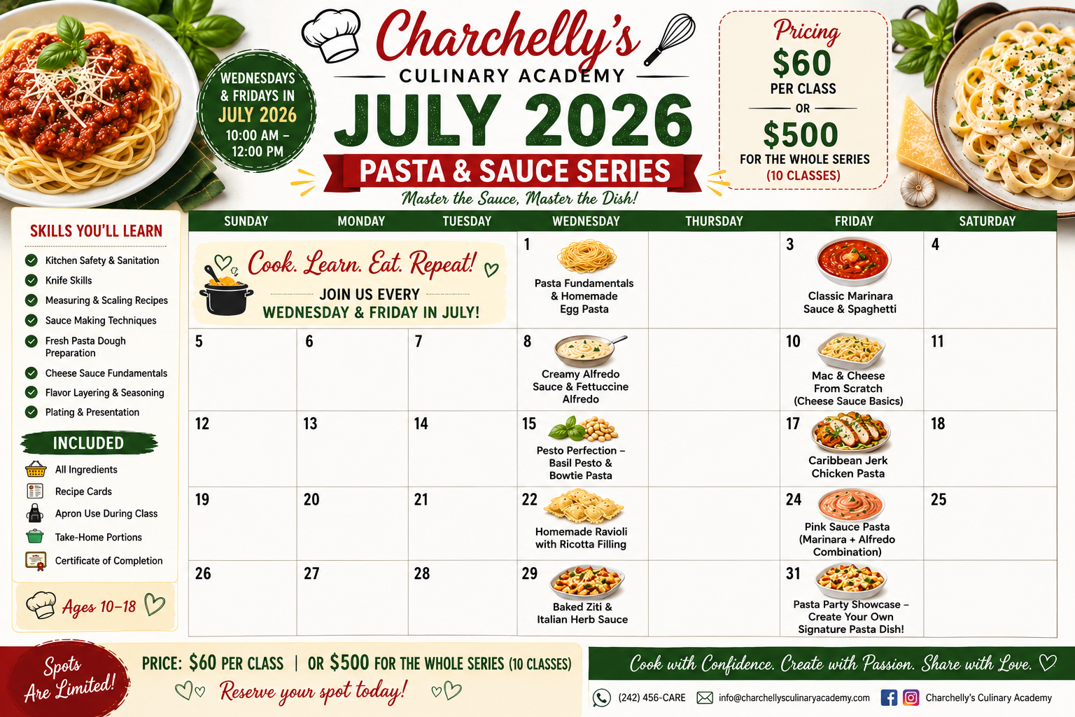 Charchelly's Culinary Academy July 2026 Pasta & Sauce Series calendar flyer