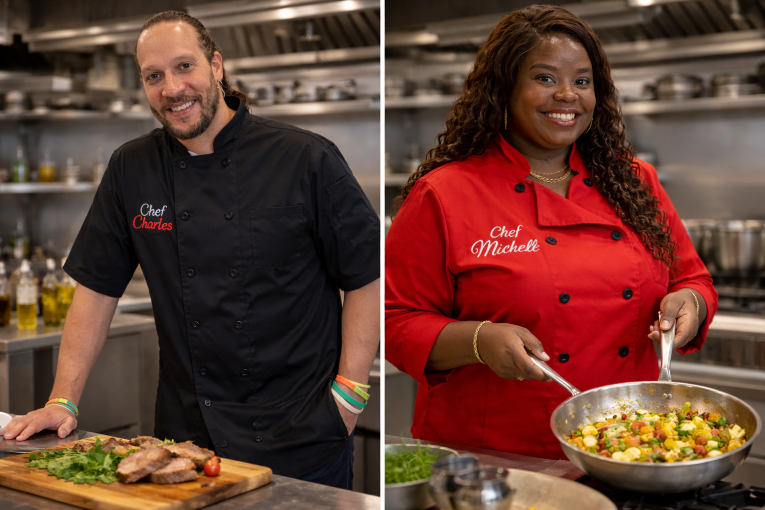 Chef Charles plating and Chef Michelle cooking