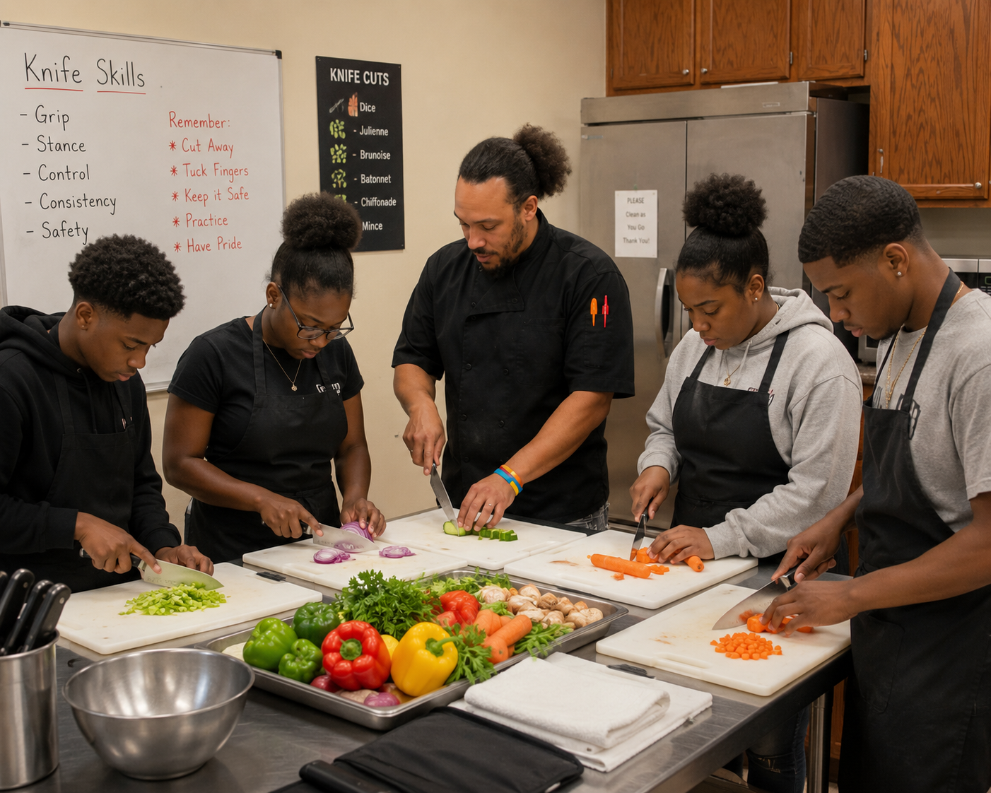 Chef Charles teaching knife skills to students